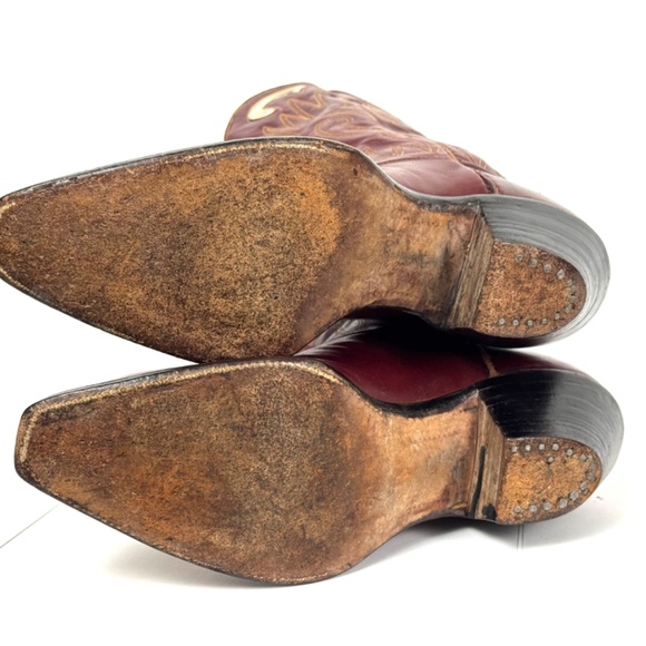 Justin Burgundy 50's Pee Wee Cowboy Boots - Womens Size 6.5B Inlaid Cloth Pulls - Picture 16 of 16